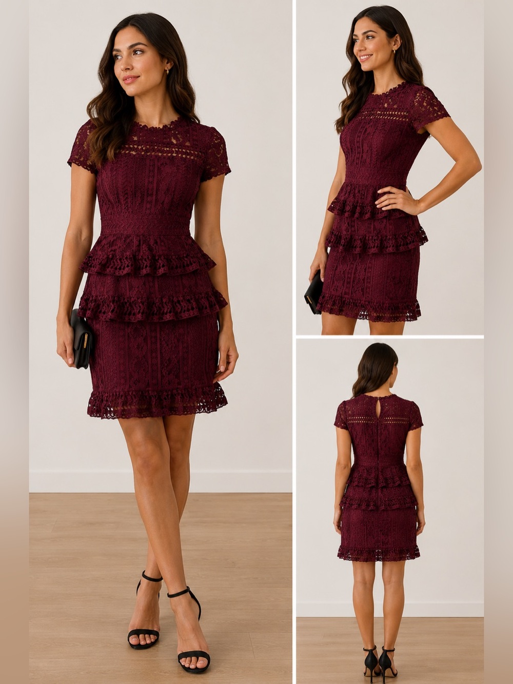 Dex Burgundy Lace Peplum Cocktail Dress Feminine